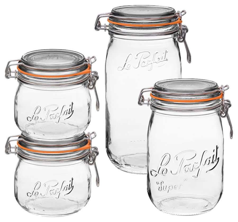 Four Le Parfait Super Jars in 500 ml, 750 ml and 1 L sizes with orange seals and stainless wire bails