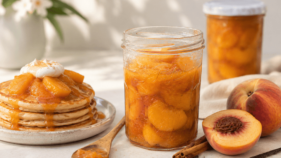 Vanilla-cinnamon peach compote presented in a Le Parfait jar