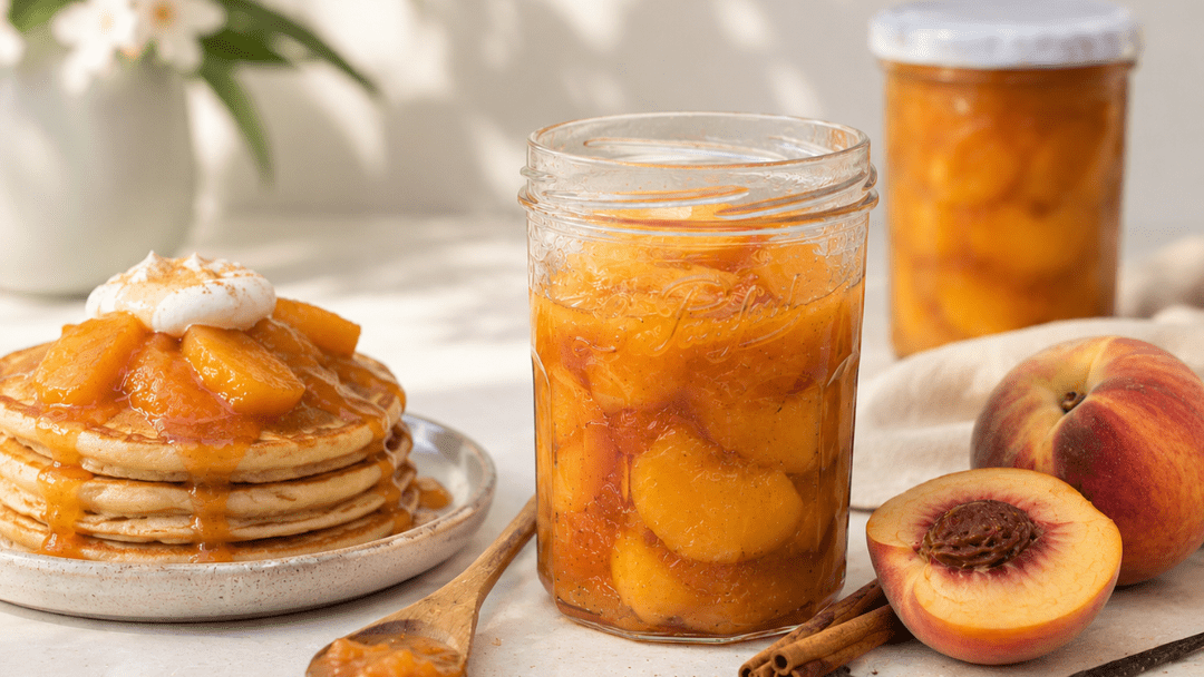 Vanilla-cinnamon peach compote presented in a Le Parfait jar