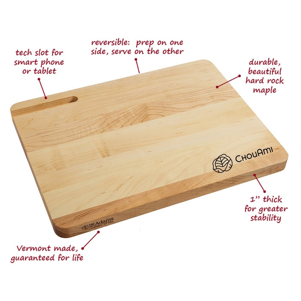 JK Adams ChouAmi maple chopping board feature card: tech slot, reversible, hard rock maple, 1” thick, Vermont made.