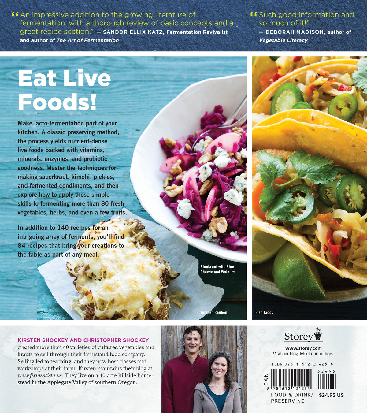 Fermented Vegetables book back cover - 'Eat Live Foods!' with reviews, fish taco photo, and authors Kirsten and Christopher Shockey.