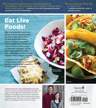 Load image into Gallery viewer, Fermented Vegetables book back cover - 'Eat Live Foods!' with reviews, fish taco photo, and authors Kirsten and Christopher Shockey.