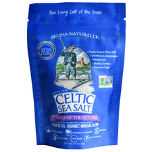 Load image into Gallery viewer, Celtic Sea Salt Flower of the Ocean Fleur de Sel gourmet mineral blend in a 1/4 lb blue Selina Naturally pouch.