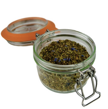 Load image into Gallery viewer, Open Le Parfait clip-top jar of Herbes de Provence spice blend with thyme, rosemary, and lavender.