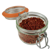 Load image into Gallery viewer, Open Le Parfait clip-top jar of Five Star Kimchi spice blend - red chili and gochugaru pepper flakes.