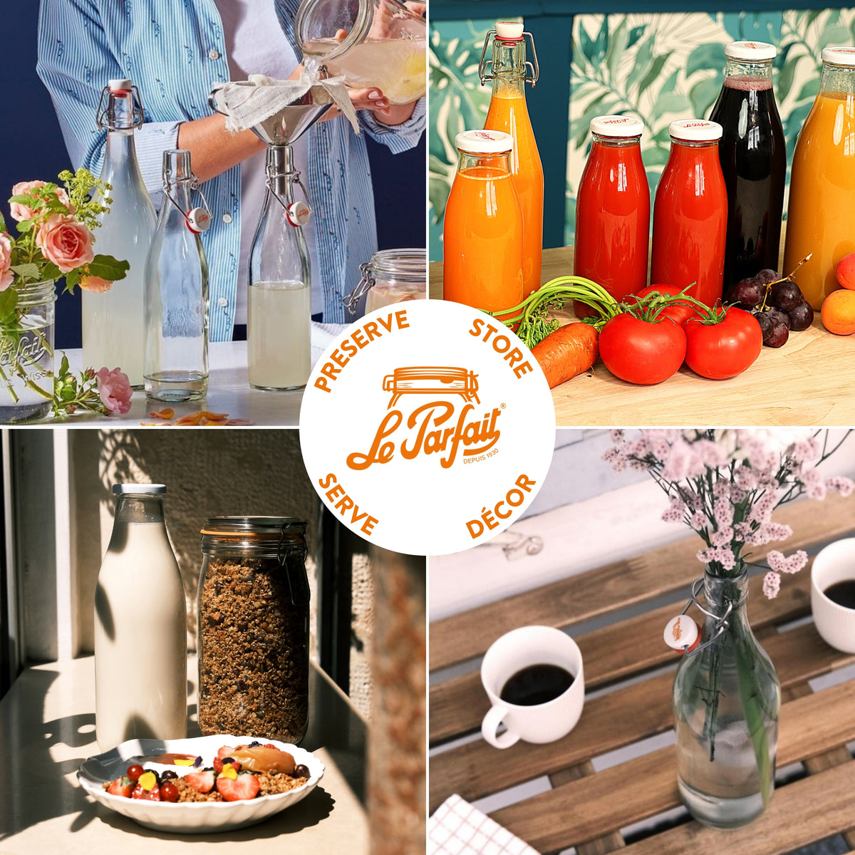 Le Parfait Bottles Preserve/Store/Serve/Décor collage - pouring lemonade, jar of juices, milk bottle in pantry, and vase with cosmos.