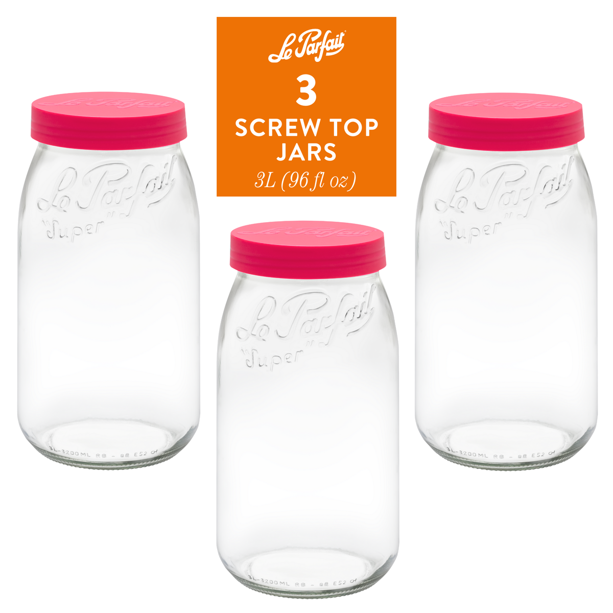 3-pack of Le Parfait Screw Top Jars 3L (96 fl oz) with red plastic screw lids.