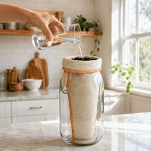 Load image into Gallery viewer, A clear glass Le Parfait Screw Top jar with a white cotton coffee sock filter and orange trim sits on a kitchen counter while a hand pours water from a glass into the top of the jar to make cold brew coffee. The background shows a bright, modern kitchen with white cabinets, wooden shelves, and a window.