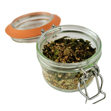 Load image into Gallery viewer, Open Le Parfait clip-top jar of Perfect Pickles spice blend with peppercorns, mustard seeds, and dried herbs.