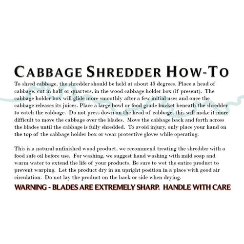 Cabbage Shredder how-to instructions with handling and care guidance for the beechwood mandoline.