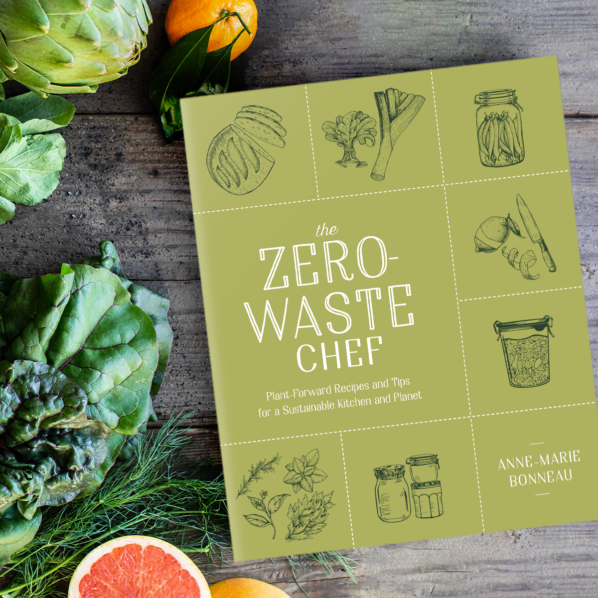 The Zero-Waste Chef book by Anne-Marie Bonneau, green cover with hand-drawn illustrations of jars and produce.