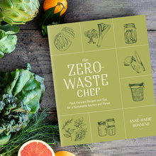 Load image into Gallery viewer, The Zero-Waste Chef book by Anne-Marie Bonneau, green cover with hand-drawn illustrations of jars and produce.