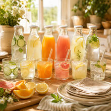 Load image into Gallery viewer, A set of clear glass Le Parfait Milk bottles and matching jam pot working glasses filled with assorted citrus and fruit drinks, arranged on a wooden table in a bright kitchen setting with sliced oranges, lemons, flowers, and plates.