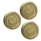 Three gold Le Parfait Familia Wiss metal screw lids, top-down on white.