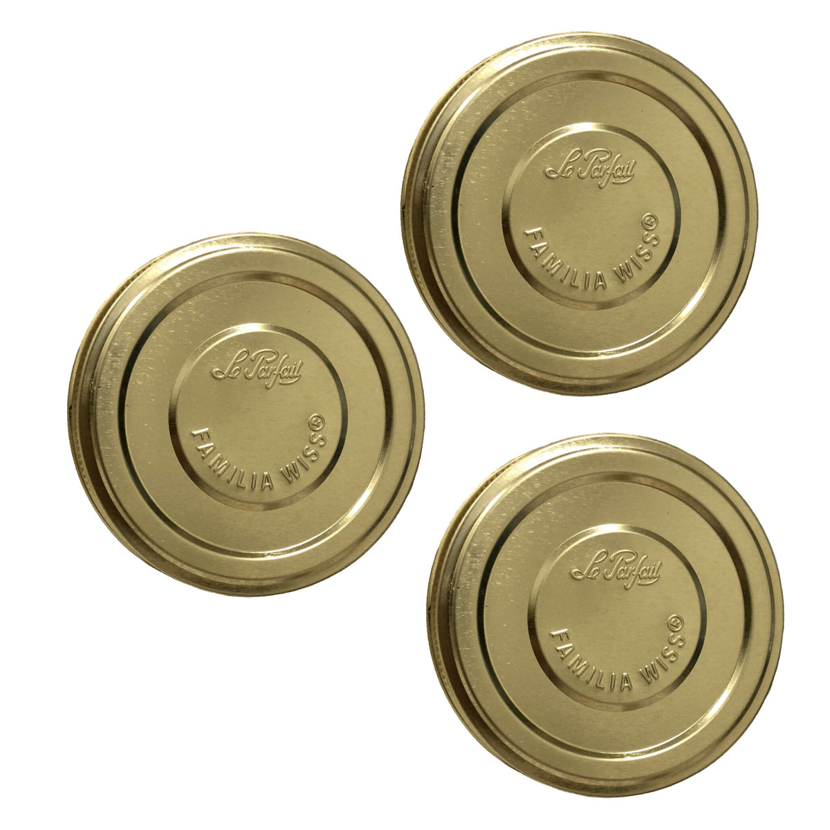 Three gold Le Parfait Familia Wiss metal screw lids, top-down on white.