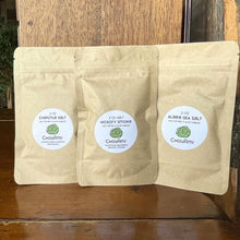 Load image into Gallery viewer, ChouAmi Gourmet Sea Salt Trio kraft pouches - Chipotle Salt, Hickory Smoke, and Alaea Sea Salt 2oz each.