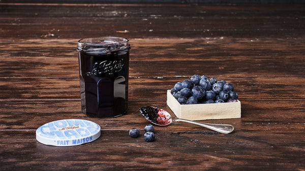Homemade blueberry jam recipe in a Le Parfait jar