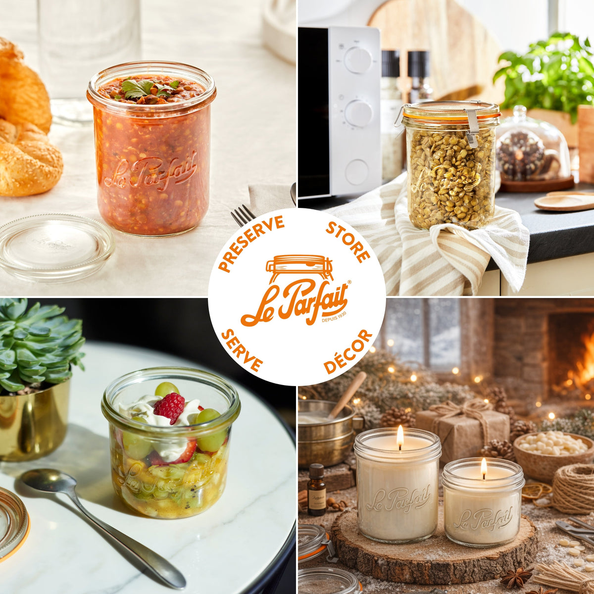 Le Parfait Bistrot Jars Preserve/Store/Serve/Décor collage - bolognese sauce, pantry granola, fruit parfait, and candle jars by a fireplace.