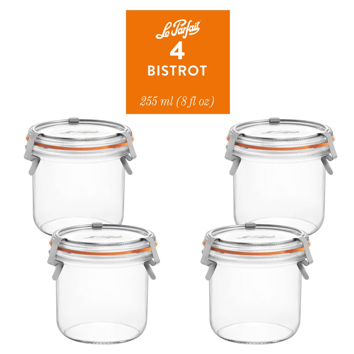 4-pack of Le Parfait Bistrot Jars 255ml (8 fl oz) with glass lid, orange rubber seal, and stainless wire clip closure.