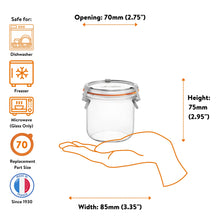 Load image into Gallery viewer, Le Parfait Bistrot Jar 255ml size guide: 70mm opening, 75mm height, 85mm width; dishwasher, freezer, microwave safe with size-70 replacement parts.