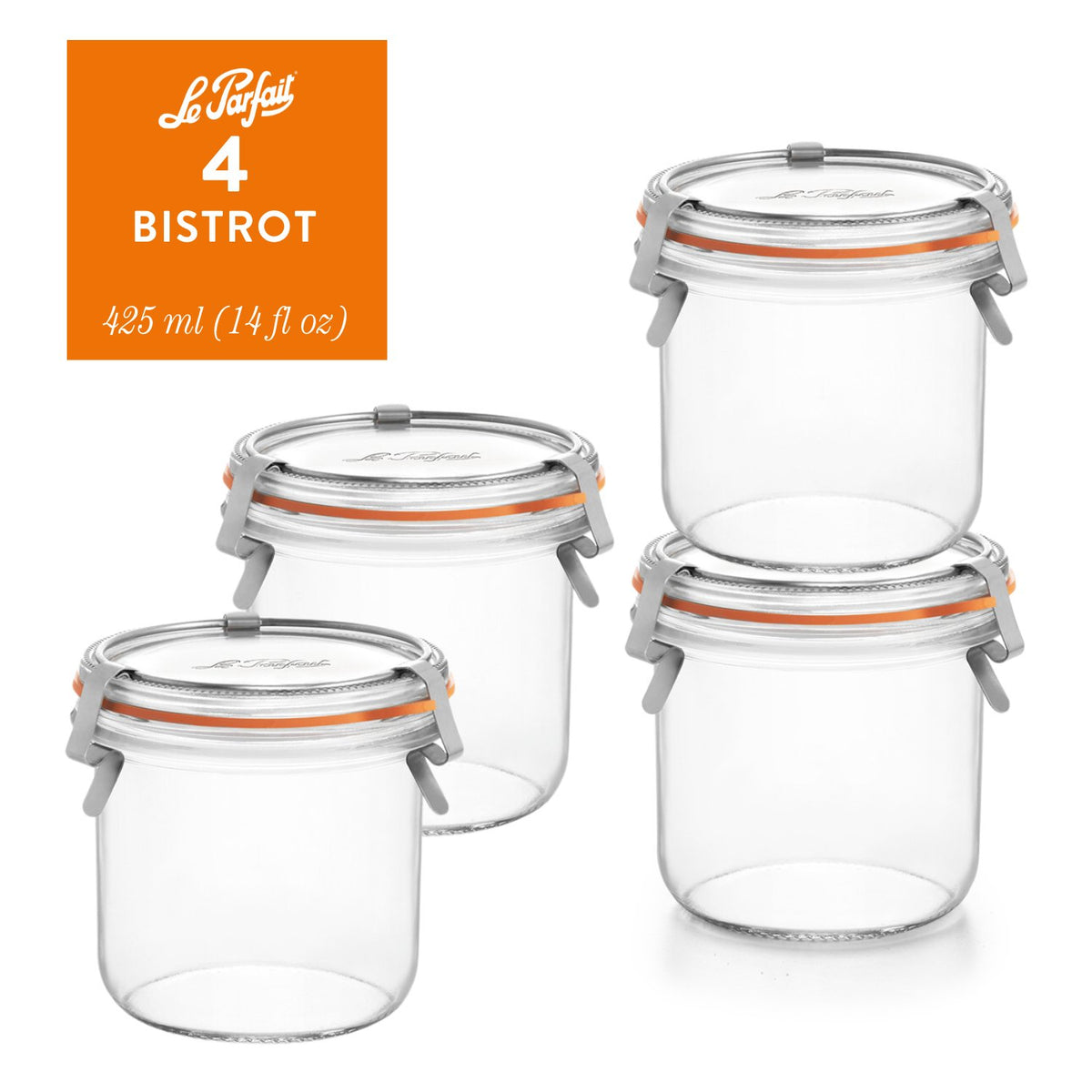4-pack of Le Parfait Bistrot Jars 425ml (14 fl oz) with glass lid, orange rubber seal, and stainless wire clip closure.