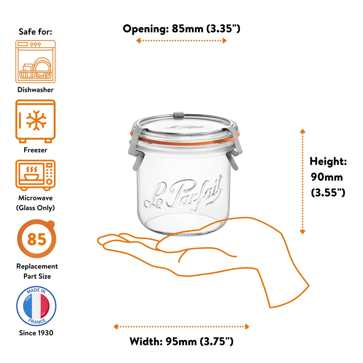 Le Parfait Bistrot Jar 425ml size guide: 85mm opening, 90mm height, 95mm width; dishwasher, freezer, microwave safe with size-85 replacement parts.