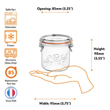 Load image into Gallery viewer, Le Parfait Bistrot Jar 425ml size guide: 85mm opening, 90mm height, 95mm width; dishwasher, freezer, microwave safe with size-85 replacement parts.