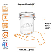Load image into Gallery viewer, Le Parfait Bistrot Jar 580ml size guide: 85mm opening, 120mm height, 95mm width; dishwasher, freezer, microwave safe with size-85 replacement parts.