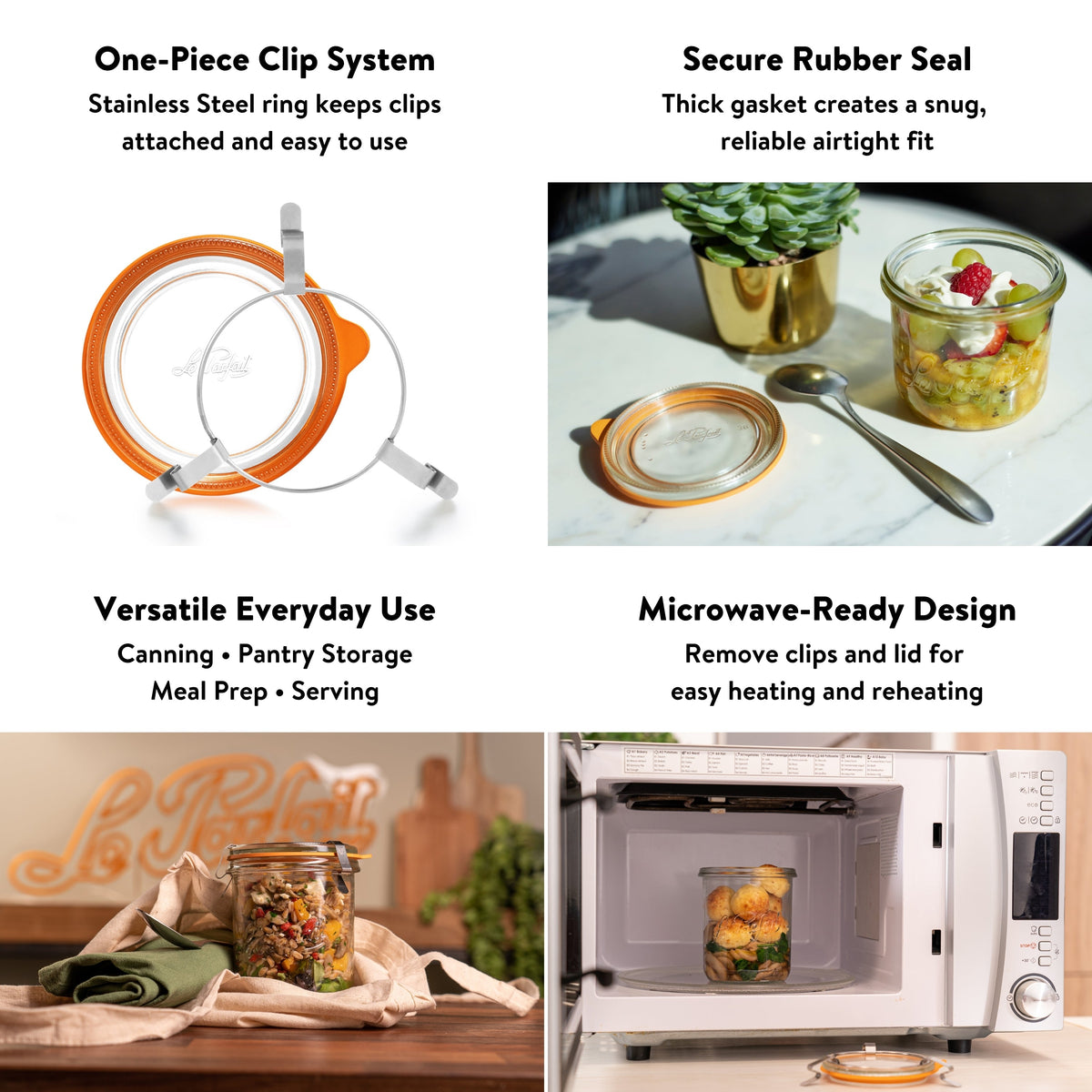 Le Parfait Bistrot Jars feature card - One-Piece Clip System, Secure Rubber Seal, Versatile Everyday Use, and Microwave-Ready Design.