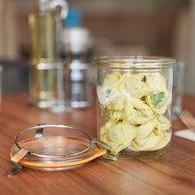 Load image into Gallery viewer, Open Le Parfait Bistrot Jar of cheese tortellini on a wooden table with espresso maker in the background.