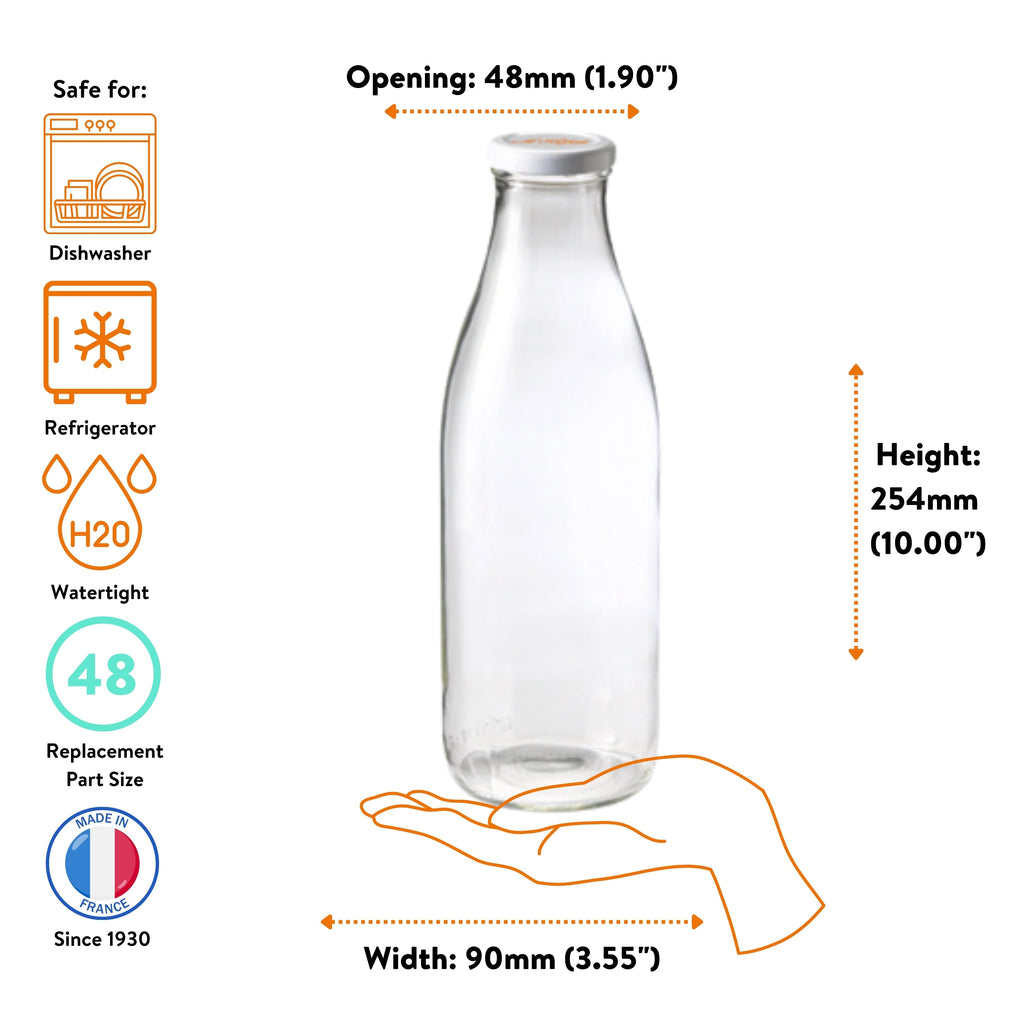 Le Parfait Milk Bottle 1L size guide: 48mm opening, 254mm height, 90mm width; dishwasher, refrigerator-safe, watertight with size-48 cap.