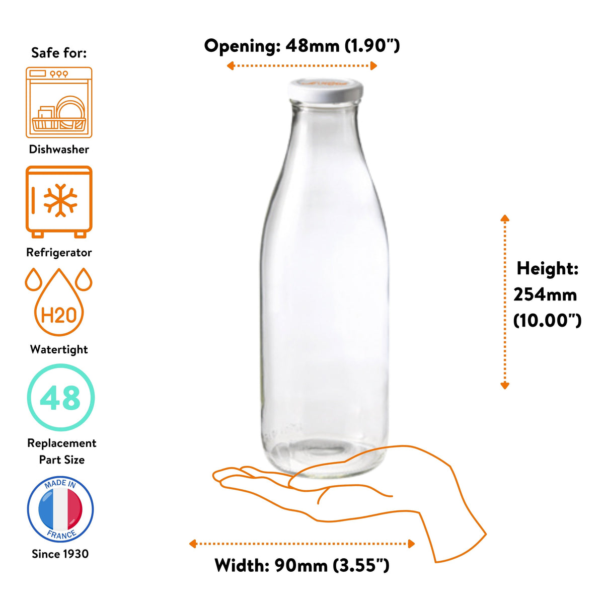 Le Parfait Milk Bottle 1L size guide: 48mm opening, 254mm height, 90mm width; dishwasher, refrigerator-safe, watertight with size-48 cap.