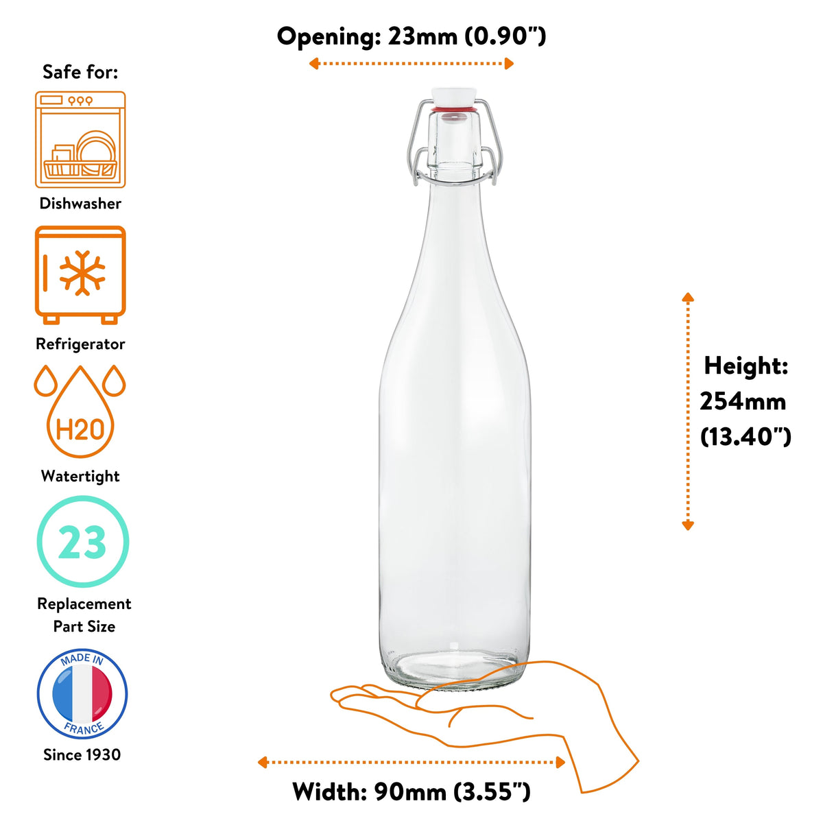 Le Parfait Swing Top Bottle 1L size guide - 23mm opening, 254mm height, 90mm base; dishwasher, refrigerator-safe, watertight with size-23 closure.