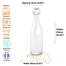 Load image into Gallery viewer, Le Parfait Swing Top Bottle 1L size guide - 23mm opening, 254mm height, 90mm base; dishwasher, refrigerator-safe, watertight with size-23 closure.