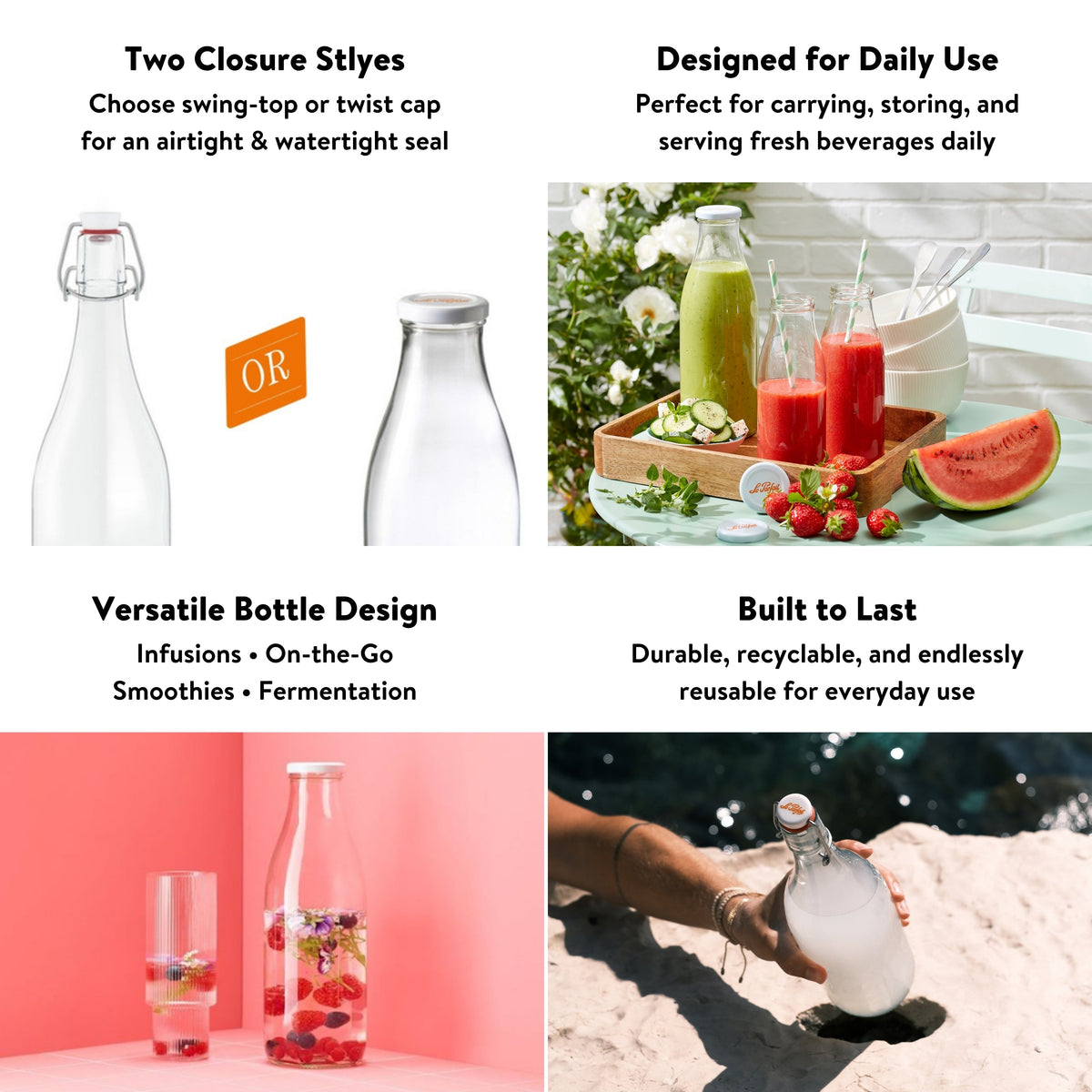 Le Parfait Bottles feature card - two closure styles (swing-top or twist cap), designed for daily use, versatile design, and built to last.