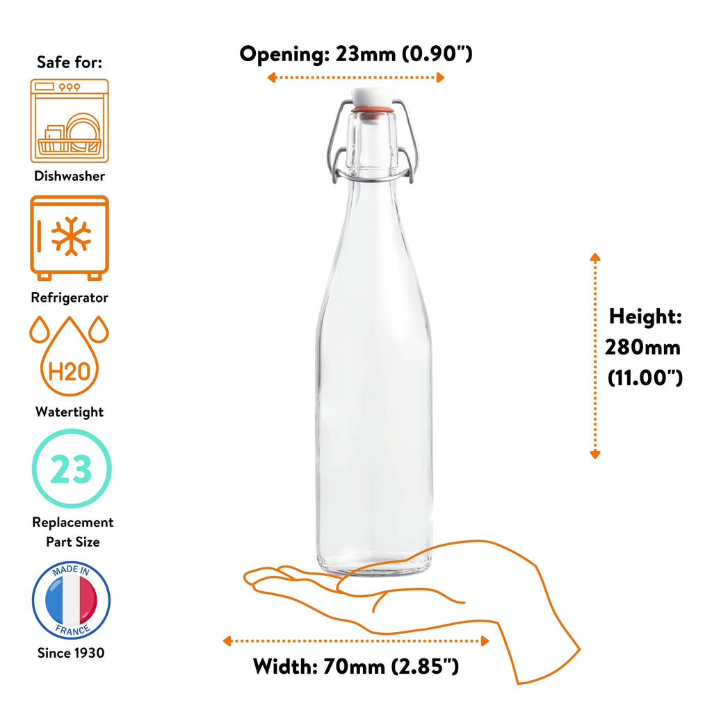 Le Parfait Swing Top Bottle size guide - 23mm opening, 280mm height, 70mm base - dishwasher, watertight with size-23 replacement closure.