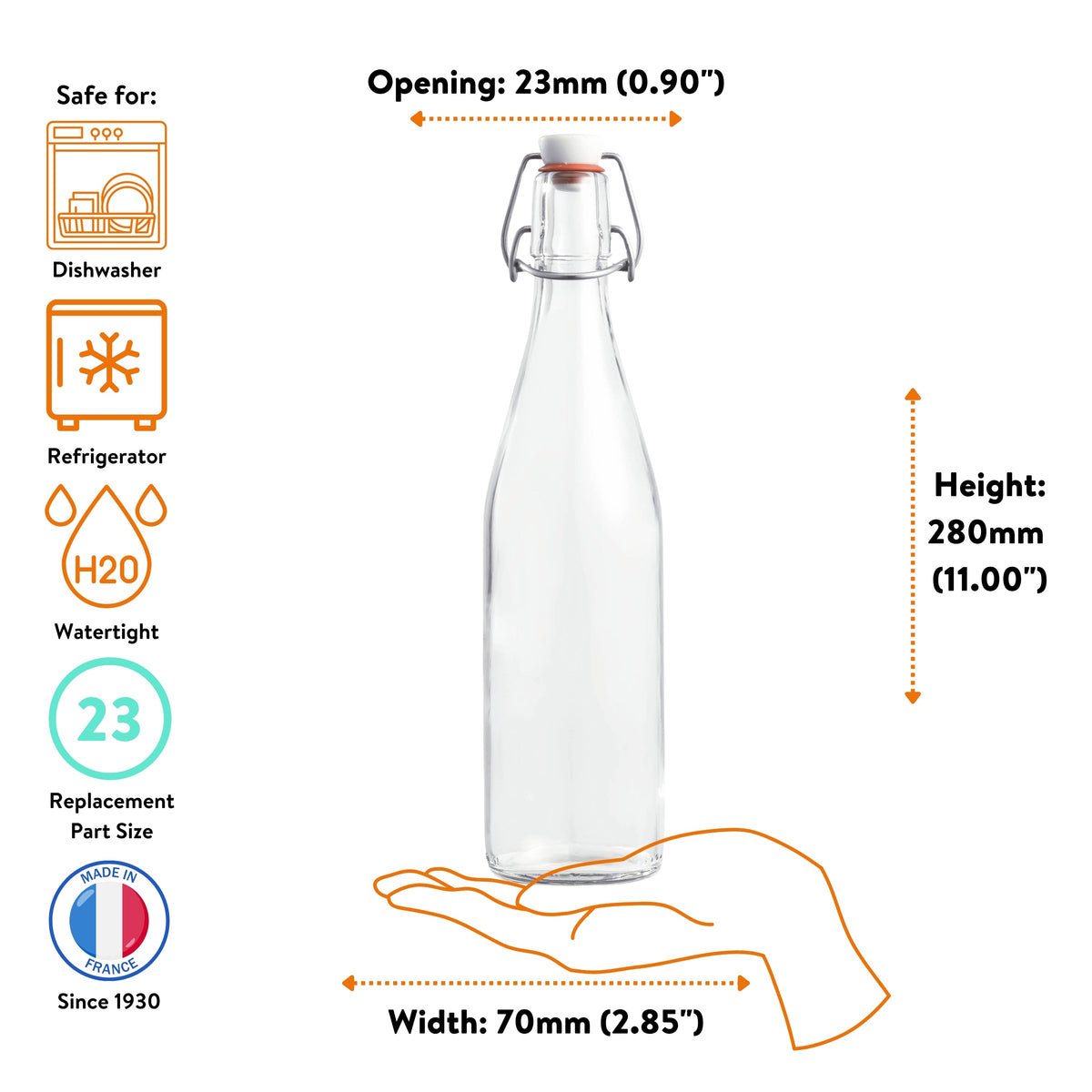 Le Parfait Swing Top Bottle size guide - 23mm opening, 280mm height, 70mm base - dishwasher, watertight with size-23 replacement closure.
