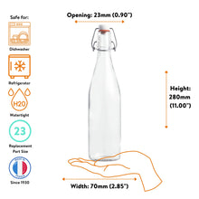 Load image into Gallery viewer, Le Parfait Swing Top Bottle size guide - 23mm opening, 280mm height, 70mm base - dishwasher, watertight with size-23 replacement closure.