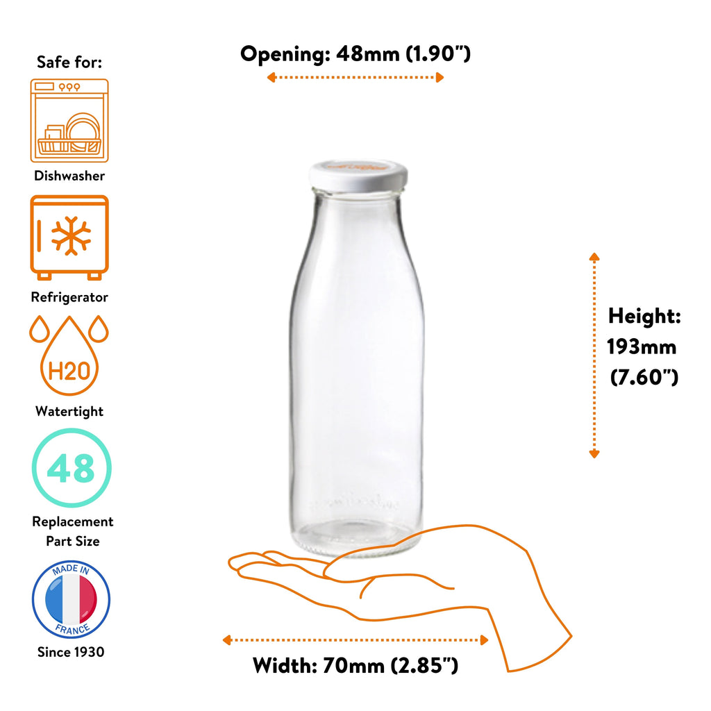 Le Parfait Milk Bottle 500ml size guide: 48mm opening, 193mm height, 70mm width; dishwasher, refrigerator-safe, watertight with size-48 cap.