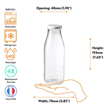 Load image into Gallery viewer, Le Parfait Milk Bottle 500ml size guide: 48mm opening, 193mm height, 70mm width; dishwasher, refrigerator-safe, watertight with size-48 cap.