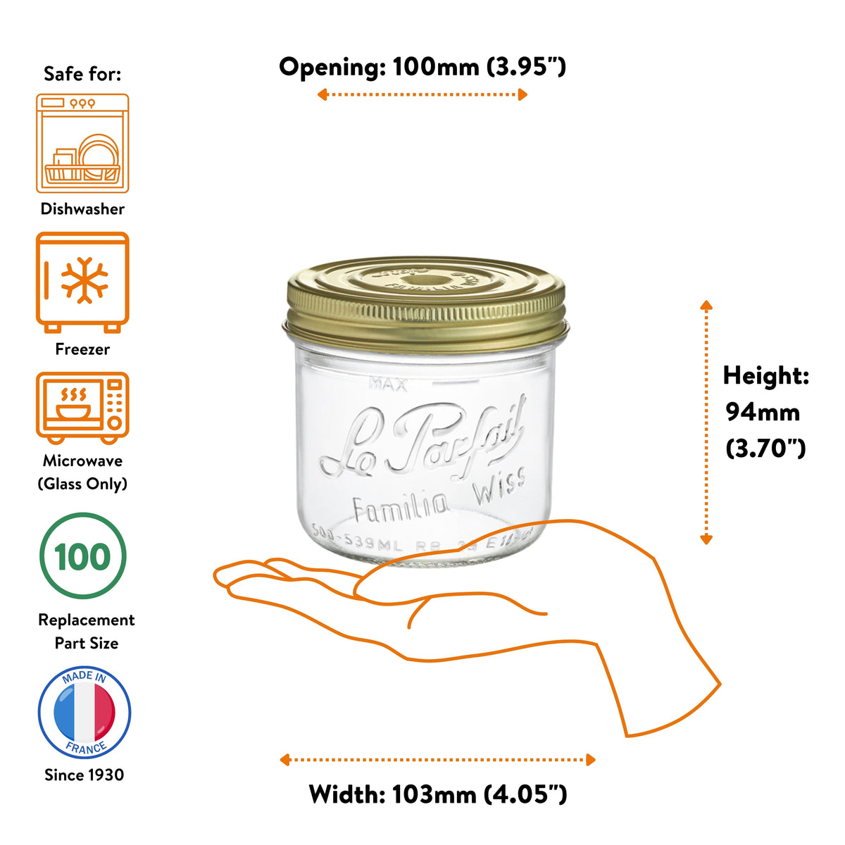 Le Parfait Familia Wiss 500ml terrine size guide: 100mm opening, 94mm height, 103mm width; dishwasher/freezer/microwave safe; size-100 replacement.