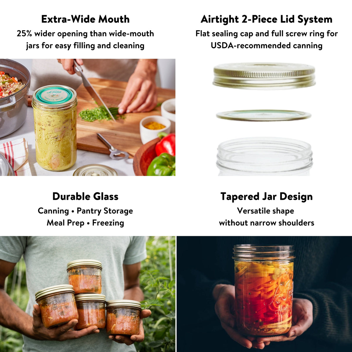 Feature card for Le Parfait Familia Wiss terrines: extra-wide mouth, 2-piece USDA-recommended canning lid, durable glass, and tapered jar shape.