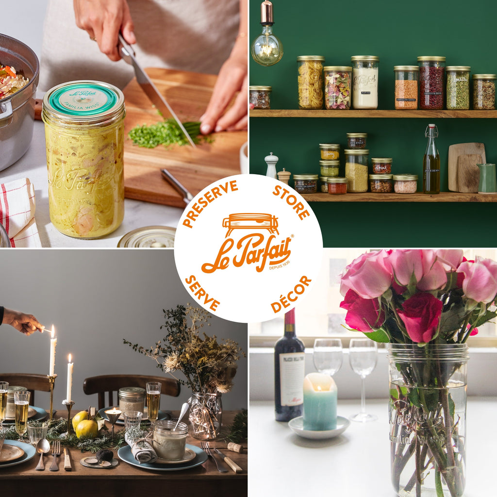 Four-panel Le Parfait Familia Wiss terrine collage: preserving curry, pantry storage, holiday candles, and use as a rose vase.