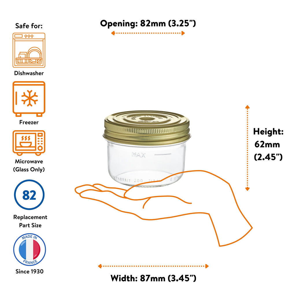 Le Parfait Familia Wiss 200ml terrine size guide: 82mm opening, 62mm height, 87mm width; dishwasher/freezer/microwave safe; size-82 replacement.
