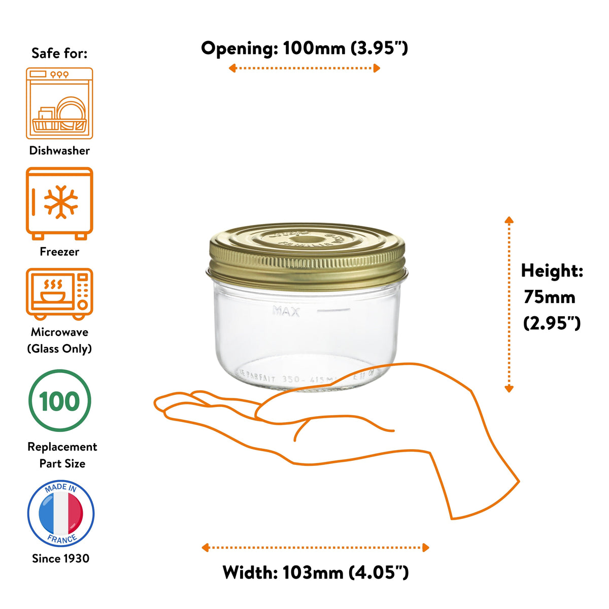 Le Parfait Familia Wiss 350ml terrine size guide: 100mm opening, 75mm height, 103mm width; dishwasher/freezer/microwave safe; size-100 replacement.