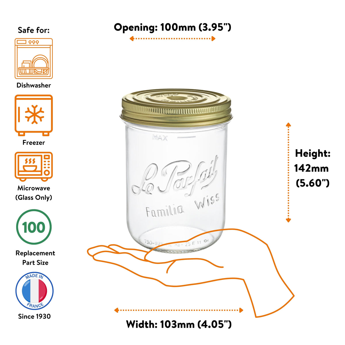 Le Parfait Familia Wiss 750ml terrine size guide: 100mm opening, 142mm height, 103mm width; dishwasher/freezer/microwave safe; size-100 replacement.