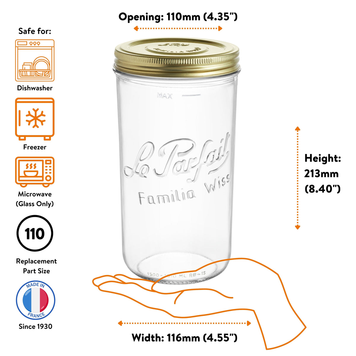 Le Parfait Familia Wiss 1500ml terrine size guide: 110mm opening, 213mm height, 116mm width; dishwasher/freezer/microwave safe; size-110 replacement.