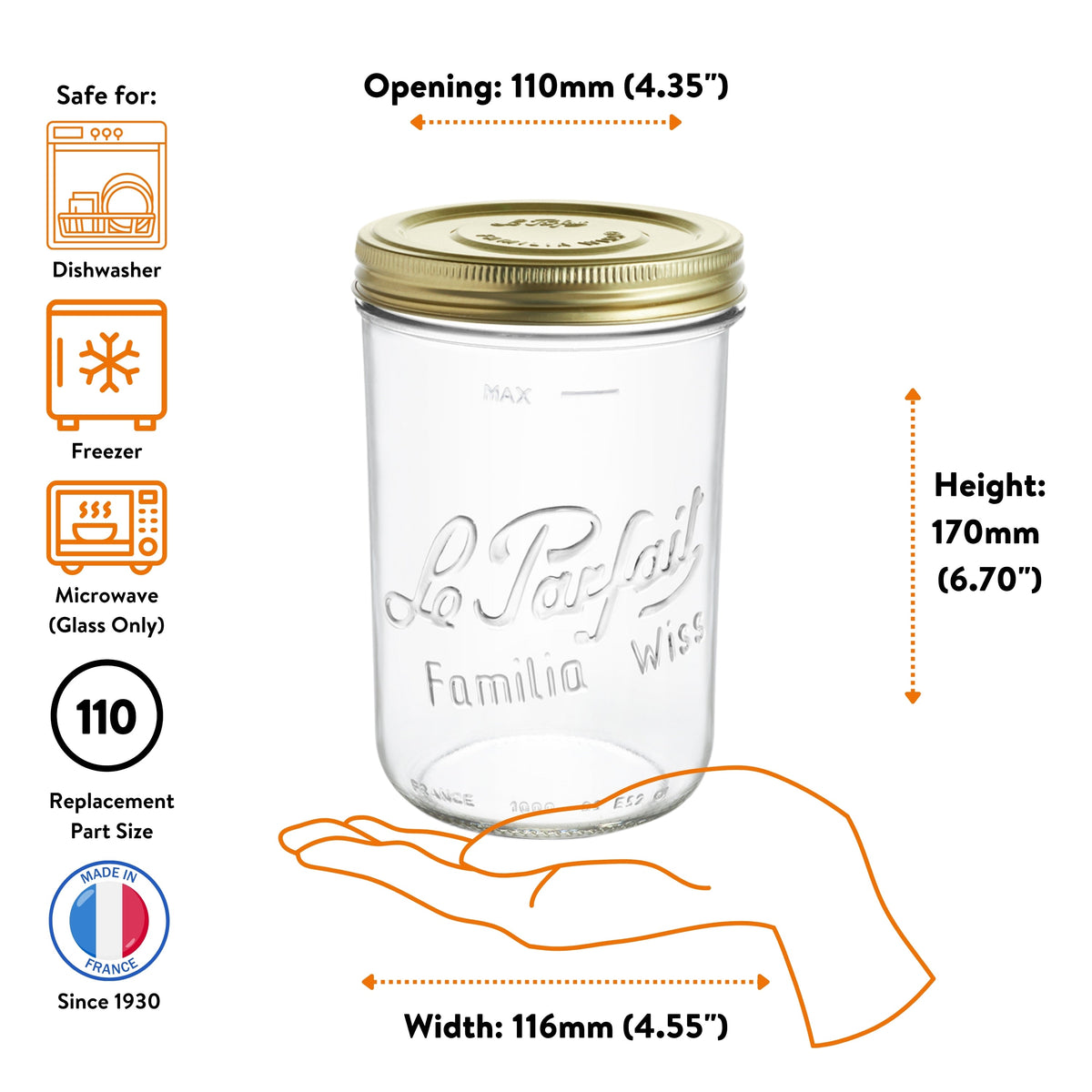 Le Parfait Familia Wiss 1000ml wide-mouth terrine: 110mm opening, 170mm height, 116mm width; dishwasher/freezer/microwave safe; size-110 replacement.