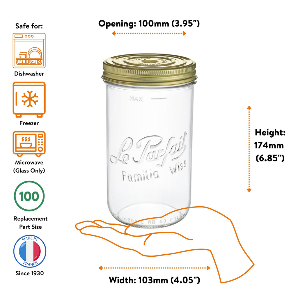 Le Parfait Familia Wiss 1000ml terrine size guide: 100mm opening, 174mm height, 103mm width; dishwasher/freezer/microwave safe; size-100 replacement.