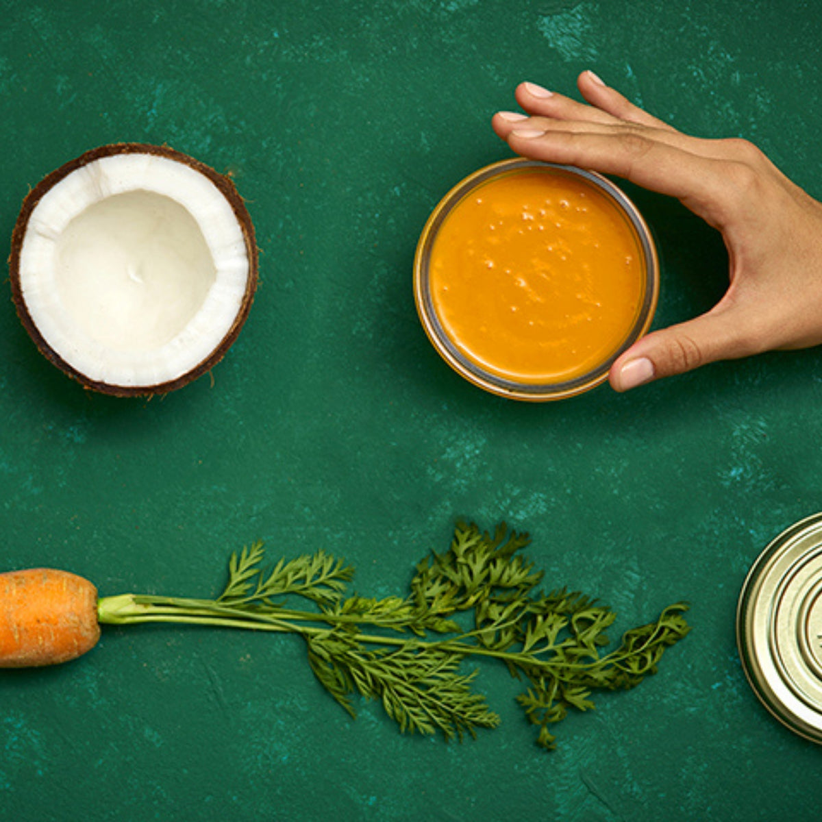 Top-down recipe scene: Le Parfait Familia Wiss terrine, carrot puree in a glass dish, halved coconut, and a carrot with greens on a green surface.